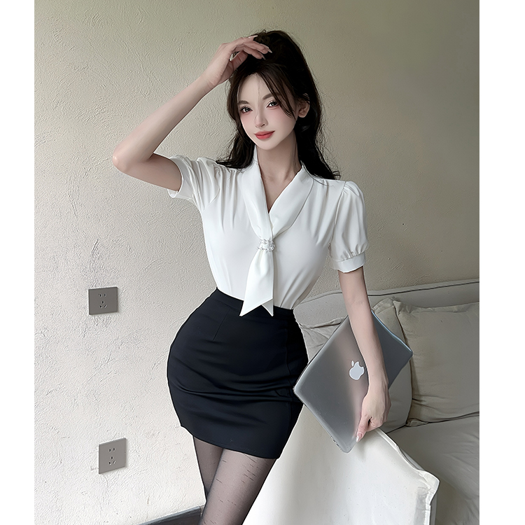 Women's Foot Massage Technician Work Uniform Set - Flowing White Chiffon Shirt & Fitted Skirt - Spa Leisure Club Style