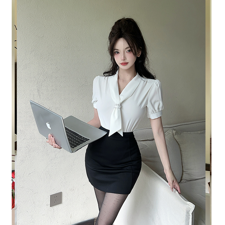 Women's Foot Massage Technician Work Uniform Set - Flowing White Chiffon Shirt & Fitted Skirt - Spa Leisure Club Style Women's Foot Massage Technician Work Uniform Set - Flowing White Chiffon Shirt & Fitted Skirt - Spa Leisure Club Style