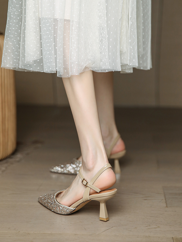 Women's French-Style Baotou Sandals with Thin Heels, Open Back Pointed Toe Wedding Shoes for Bridesmaids, Summer 2025 Fashion Women's French-Style Baotou Sandals with Thin Heels, Open Back Pointed Toe Wedding Shoes for Bridesmaids, Summer 2025 Fashion