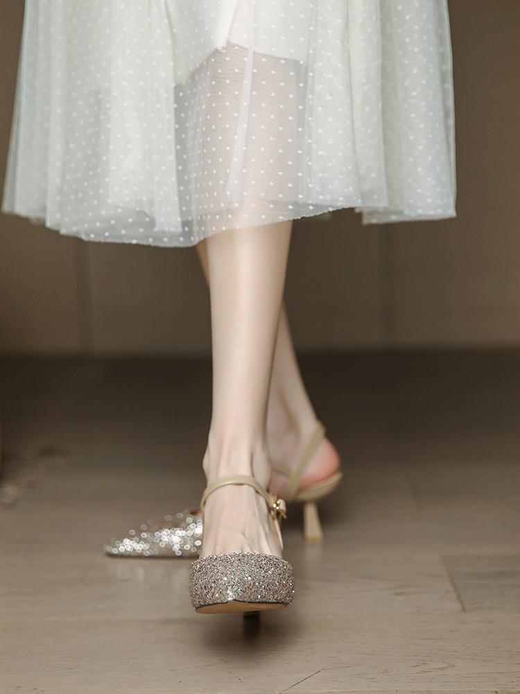 Women's French-Style Baotou Sandals with Thin Heels, Open Back Pointed Toe Wedding Shoes for Bridesmaids, Summer 2025 Fashion Women's French-Style Baotou Sandals with Thin Heels, Open Back Pointed Toe Wedding Shoes for Bridesmaids, Summer 2025 Fashion