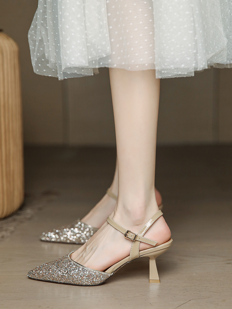 Women's French-Style Baotou Sandals with Thin Heels, Open Back Pointed Toe Wedding Shoes for Bridesmaids, Summer 2025 Fashion Women's French-Style Baotou Sandals with Thin Heels, Open Back Pointed Toe Wedding Shoes for Bridesmaids, Summer 2025 Fashion