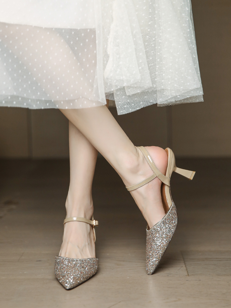 Women's French-Style Baotou Sandals with Thin Heels, Open Back Pointed Toe Wedding Shoes for Bridesmaids, Summer 2025 Fashion Women's French-Style Baotou Sandals with Thin Heels, Open Back Pointed Toe Wedding Shoes for Bridesmaids, Summer 2025 Fashion