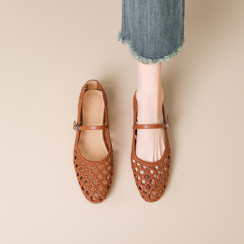 Women's French Woven Hollow One-Strap Mary Jane Flat Sandals - Easy to Wear, Stylish Summer Footwear