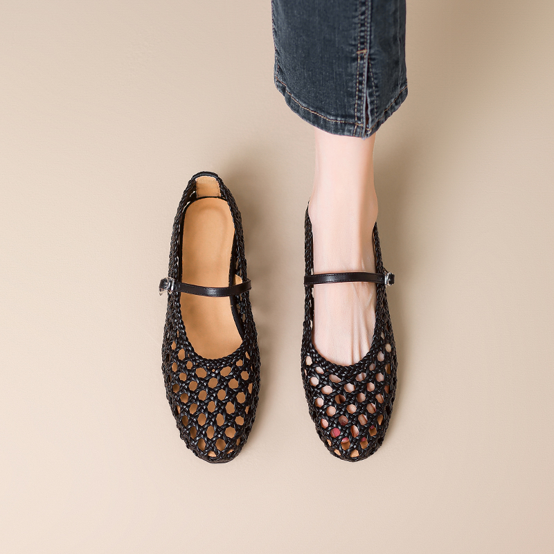 Women's French Woven Hollow One-Strap Mary Jane Flat Sandals - Easy to Wear, Stylish Summer Footwear