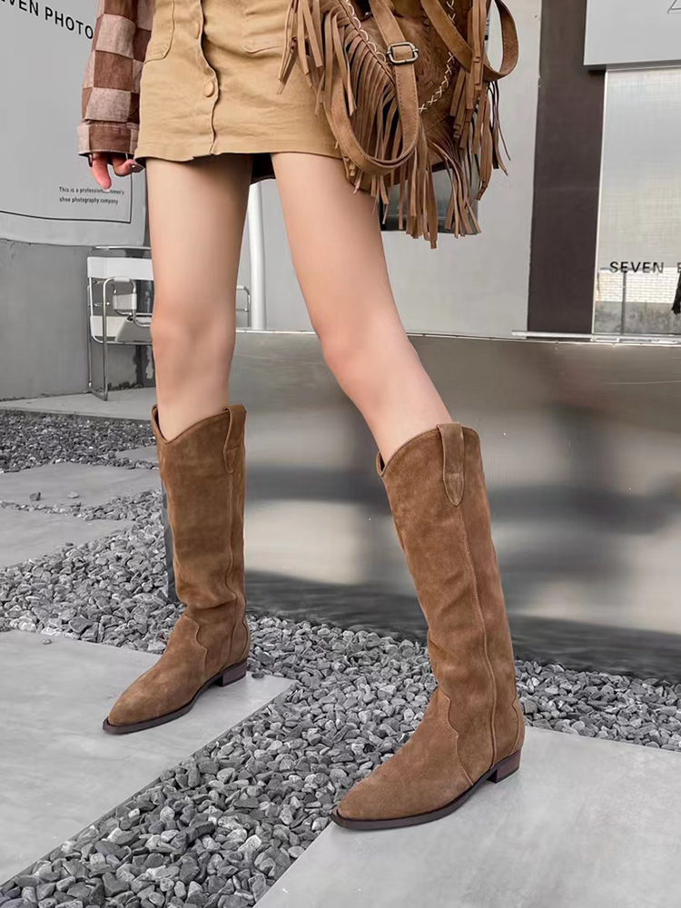 Women's Genuine Leather Cow Suede Western Cowboy Boots - Vintage Pointed Toe Over-the-Knee V-Cut Chunky Heel for Autumn 2024
