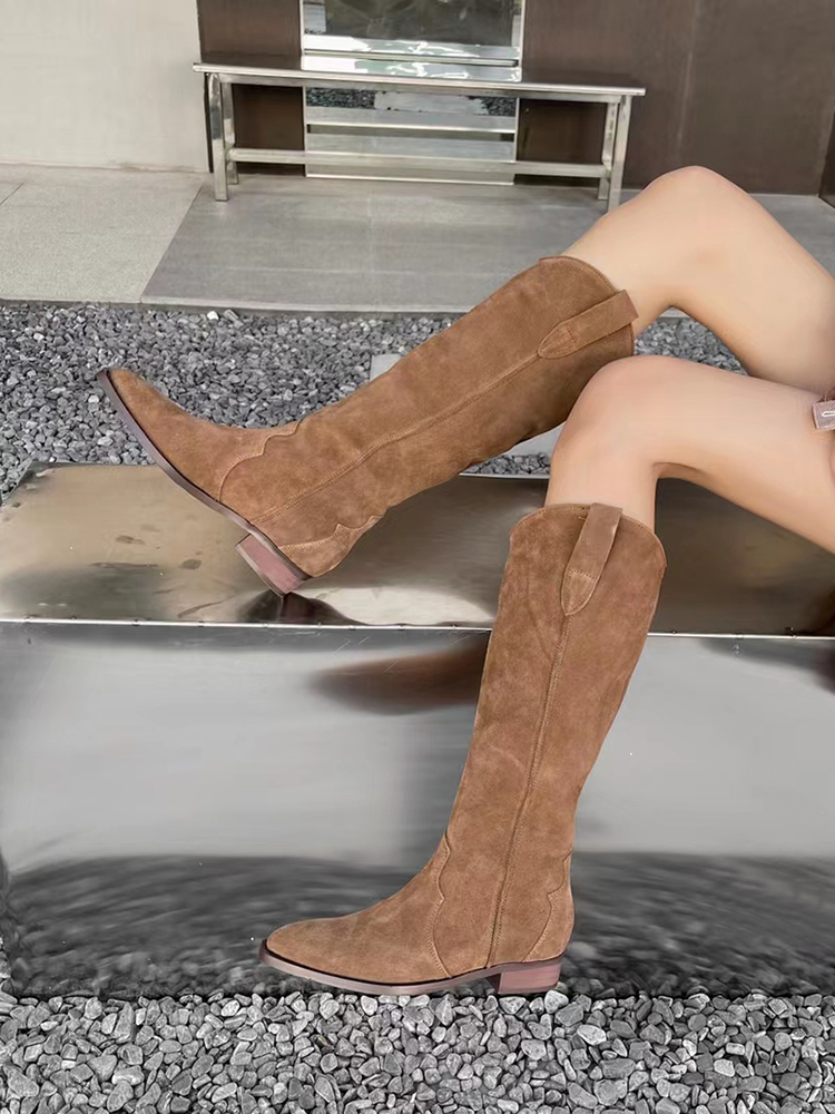 Women's Genuine Leather Cow Suede Western Cowboy Boots - Vintage Pointed Toe Over-the-Knee V-Cut Chunky Heel for Autumn 2024 Women's Genuine Leather Cow Suede Western Cowboy Boots - Vintage Pointed Toe Over-the-Knee V-Cut Chunky Heel for Autumn 2024