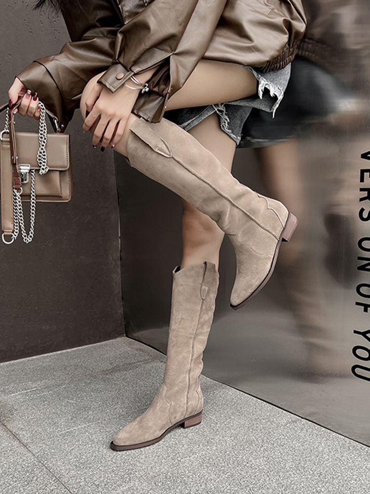 Women's Genuine Leather Cow Suede Western Cowboy Boots - Vintage Pointed Toe Over-the-Knee V-Cut Chunky Heel for Autumn 2024 Women's Genuine Leather Cow Suede Western Cowboy Boots - Vintage Pointed Toe Over-the-Knee V-Cut Chunky Heel for Autumn 2024