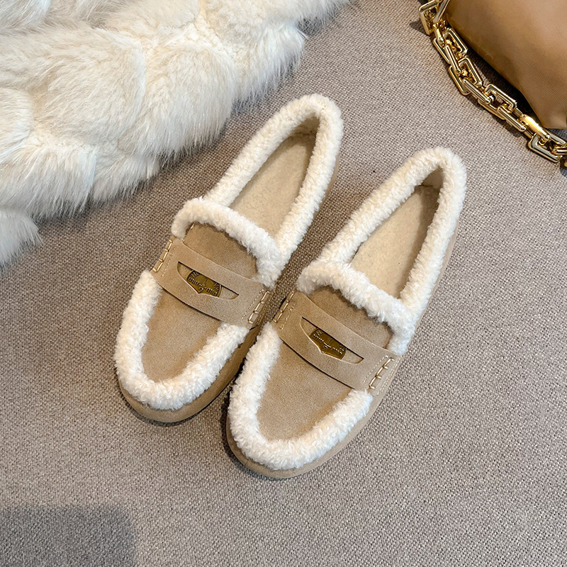 Women's Genuine Leather Flat Slip-On Fur Loafers - Retro Plush Driving Shoes for Autumn and Winter Comfort