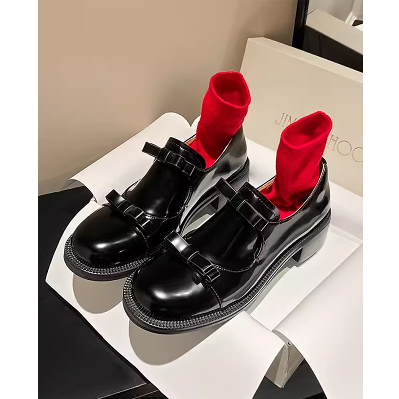 Women's Genuine Leather French Hepburn Bowknot Chunky Heel Loafers - British Style Black Shoes for Skirt Outfits