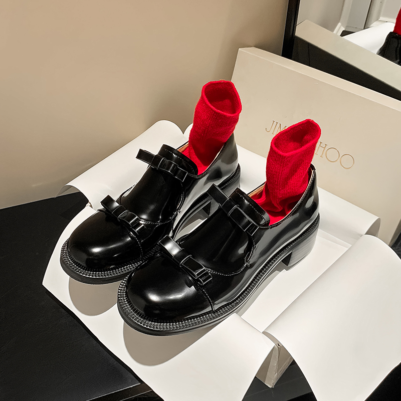 Women's Genuine Leather French Hepburn Bowknot Chunky Heel Loafers - British Style Black Shoes for Skirt Outfits