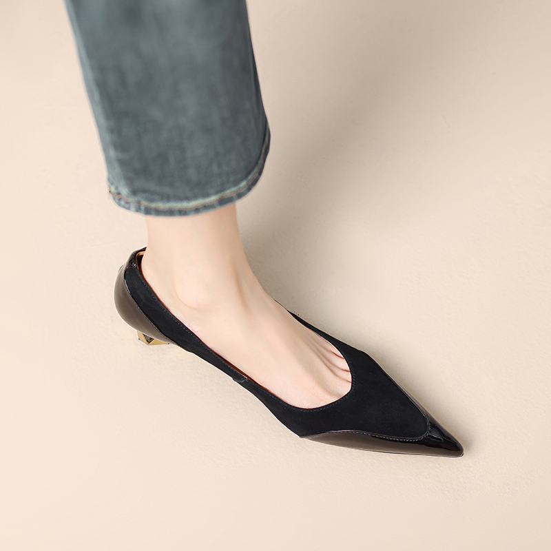 Women's Genuine Leather French Pointed Toe Slim V-Shaped Unique Heel High Heels - Chic Shallow Mouth Design