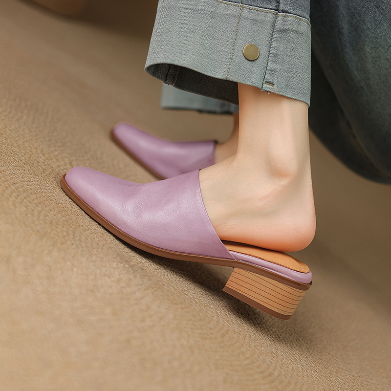 Women's Genuine Leather Minimalist Open-Toe Half-Drag Sandals - Summer Medium Chunky Heel Mules for Easy Wear