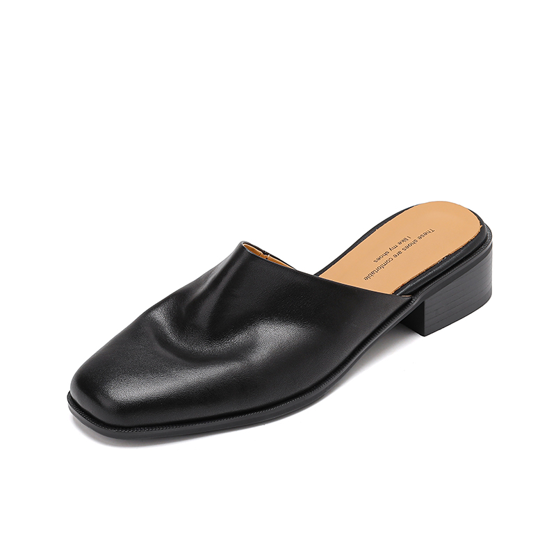 Women's Genuine Leather Minimalist Open-Toe Half-Drag Sandals - Summer Medium Chunky Heel Mules for Easy Wear