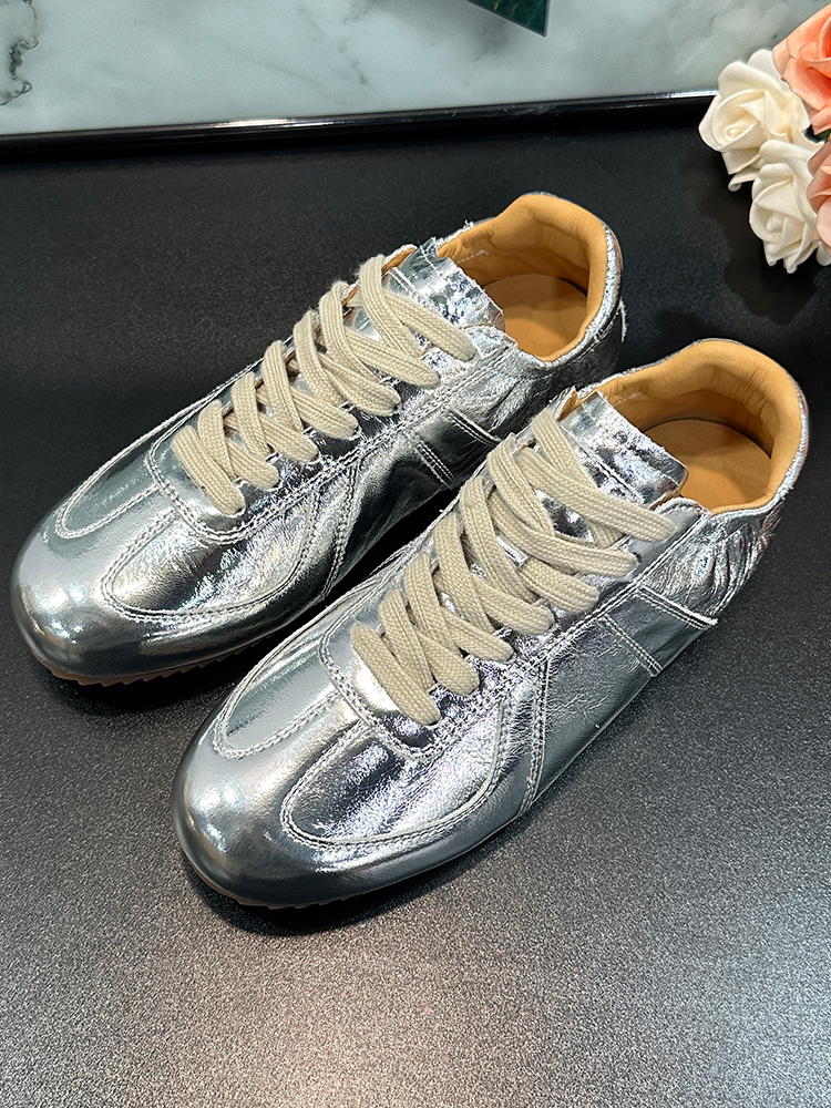 Women's Genuine Leather Silver Training Shoes - Retro Flat Ballet Sneakers, Soft-Soled Casual Sports Footwear for Spring 2025