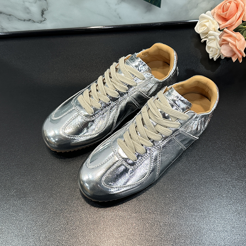 Women's Genuine Leather Silver Training Shoes - Retro Flat Ballet Sneakers, Soft-Soled Casual Sports Footwear for Spring 2025
