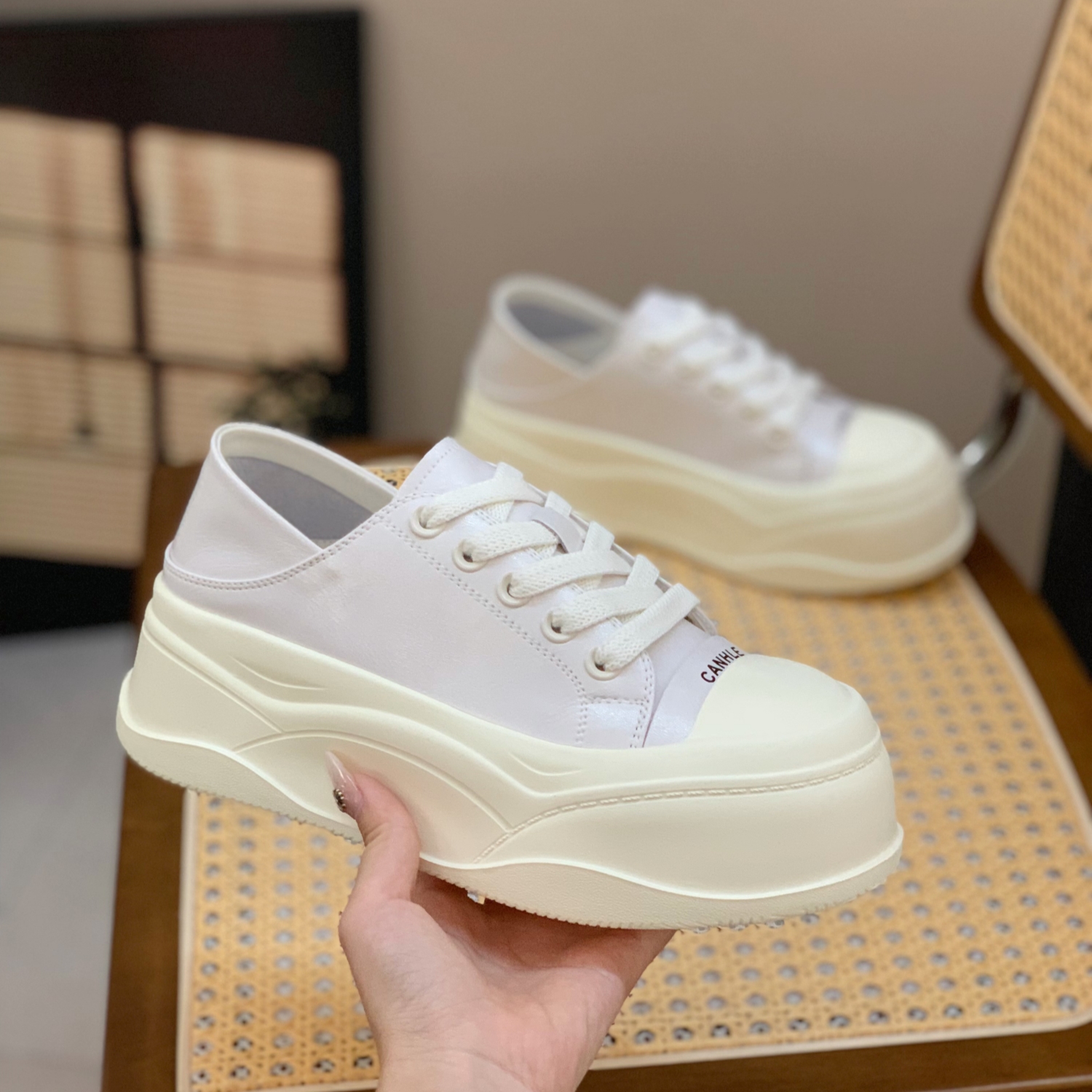 Women's Genuine Leather Thick-Soled Two-Way Wear White Platform Shoes, 6cm Height-Increasing, Spring Summer 2025 Style Women's Genuine Leather Thick-Soled Two-Way Wear White Platform Shoes, 6cm Height-Increasing, Spring Summer 2025 Style