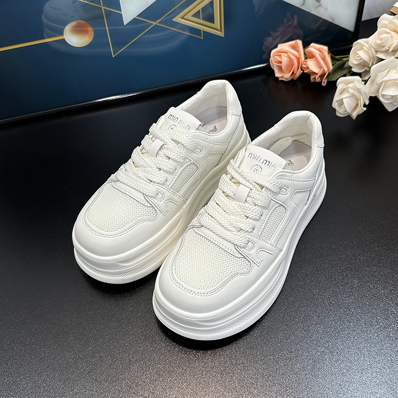 Women's Genuine Leather White Sneakers - 2025 Spring/Summer Fashion, Breathable Mesh Round Toe, Thick Sole Casual Sports Shoes