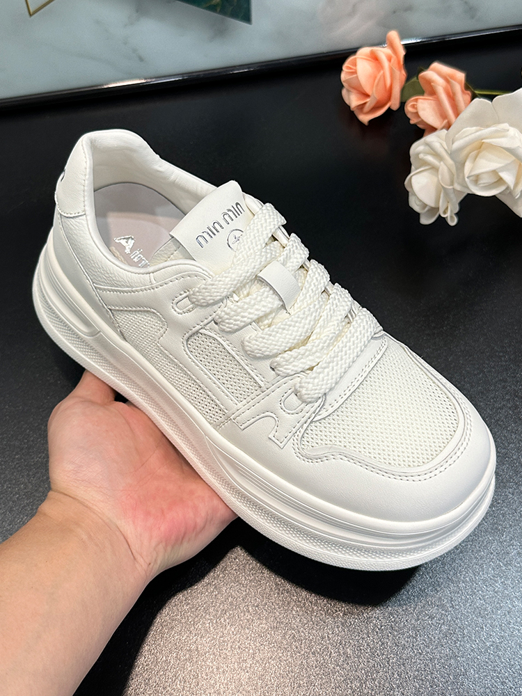 Women's Genuine Leather White Sneakers - 2025 Spring/Summer Fashion, Breathable Mesh Round Toe, Thick Sole Casual Sports Shoes Women's Genuine Leather White Sneakers - 2025 Spring/Summer Fashion, Breathable Mesh Round Toe, Thick Sole Casual Sports Shoes