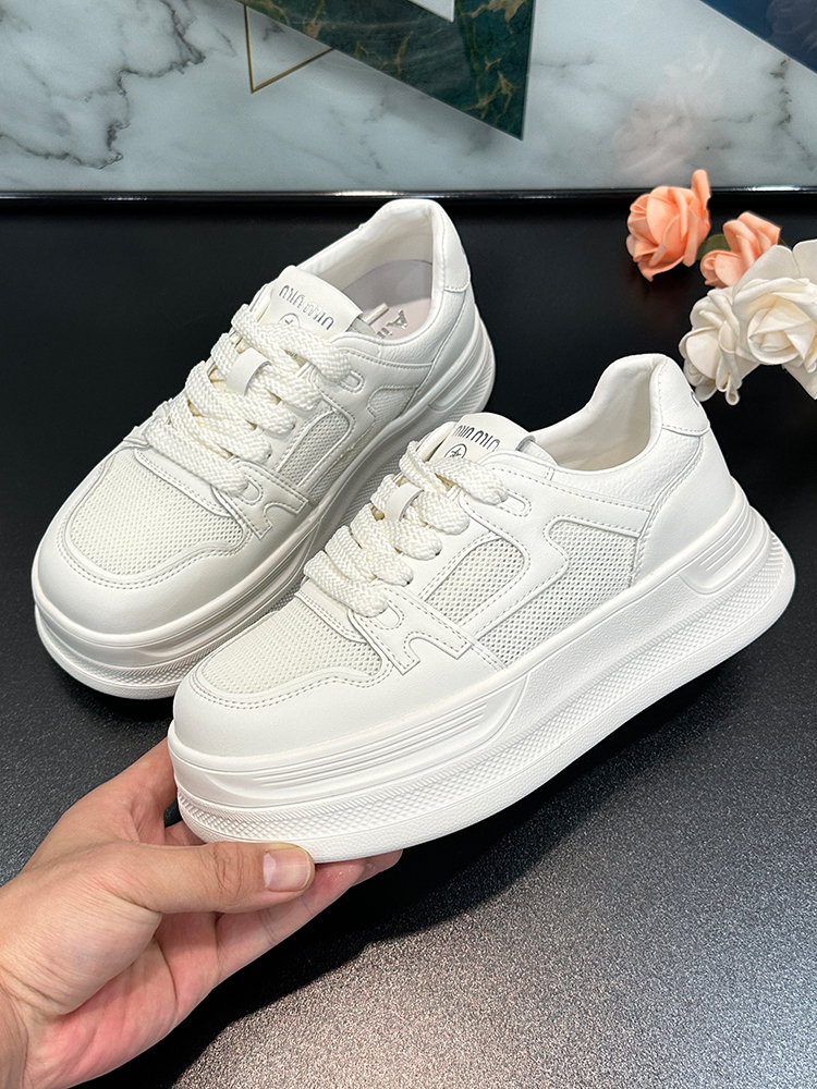 Women's Genuine Leather White Sneakers - 2025 Spring/Summer Fashion, Breathable Mesh Round Toe, Thick Sole Casual Sports Shoes Women's Genuine Leather White Sneakers - 2025 Spring/Summer Fashion, Breathable Mesh Round Toe, Thick Sole Casual Sports Shoes