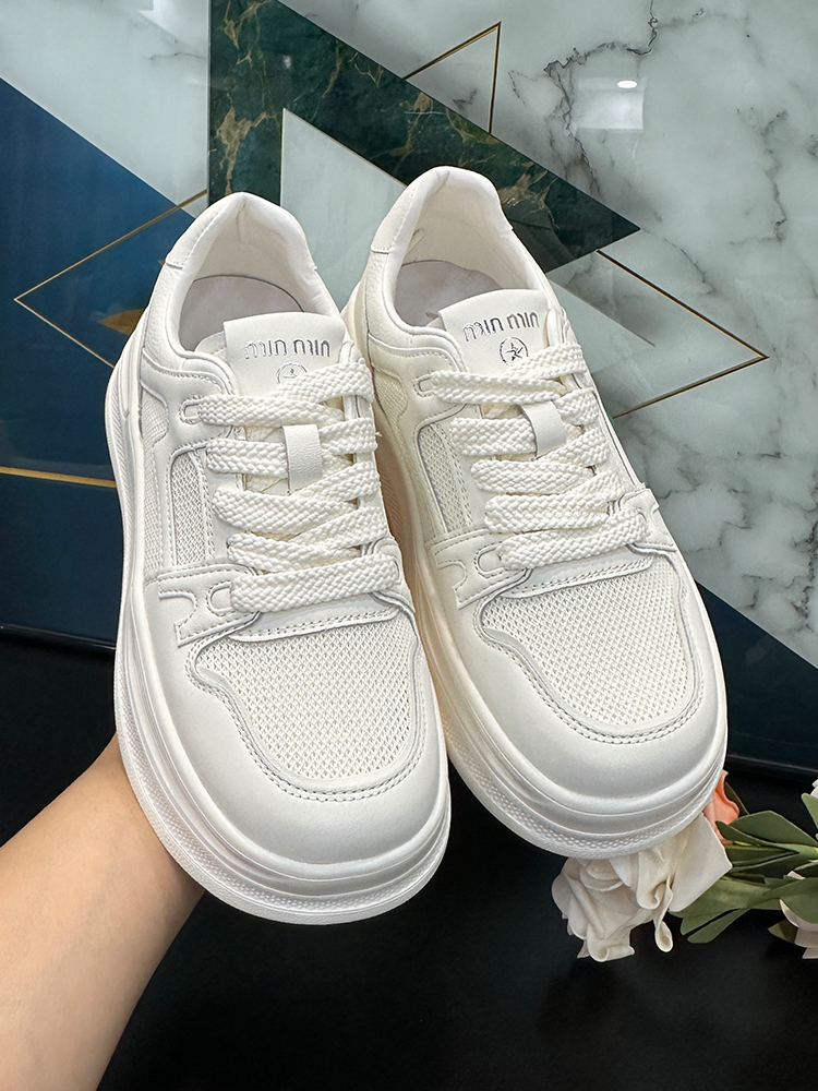 Women's Genuine Leather White Sneakers - 2025 Spring/Summer Fashion, Breathable Mesh Round Toe, Thick Sole Casual Sports Shoes