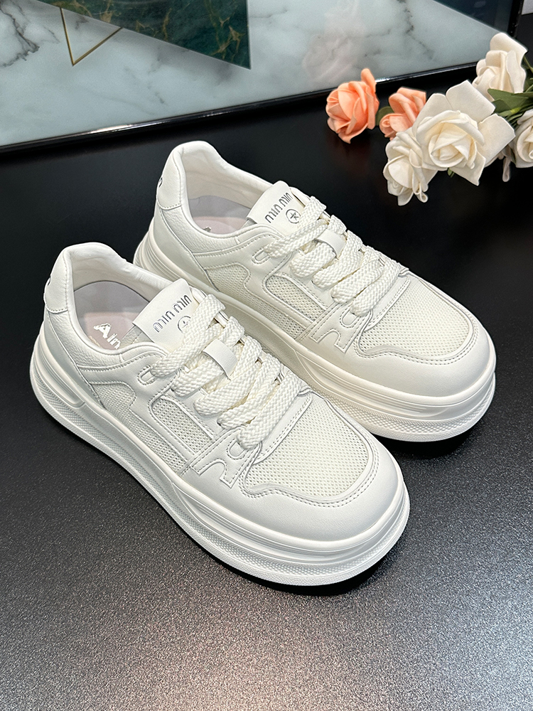 Women's Genuine Leather White Sneakers - 2025 Spring/Summer Fashion, Breathable Mesh Round Toe, Thick Sole Casual Sports Shoes Women's Genuine Leather White Sneakers - 2025 Spring/Summer Fashion, Breathable Mesh Round Toe, Thick Sole Casual Sports Shoes