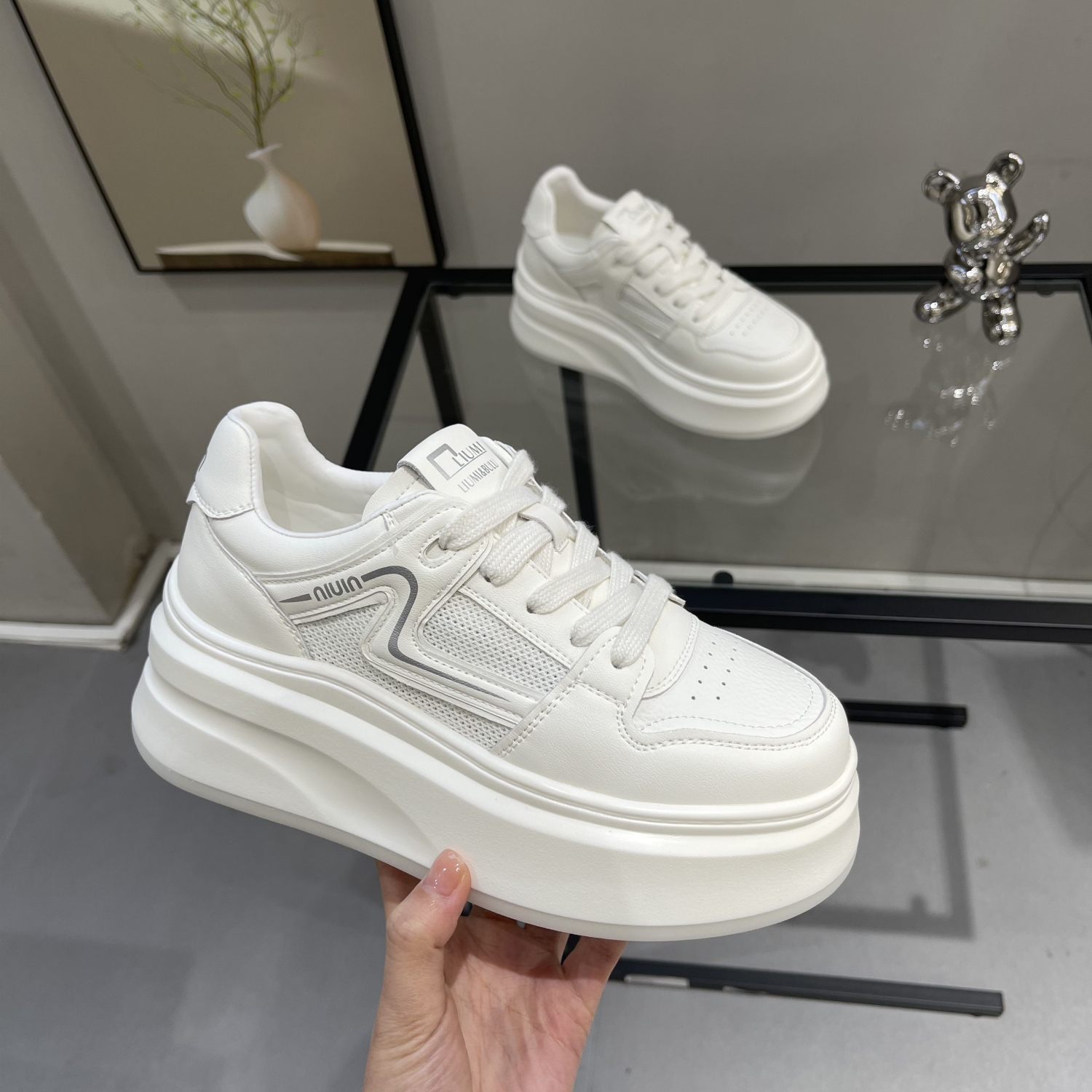 Womenâ€™s Genuine Leather White Sneakers - Summer 2025 Breathable Hollow Mesh Casual Platform Shoes, Height-Increasing 6cm for Petite Style