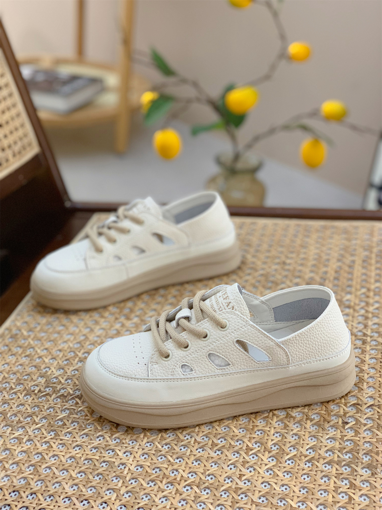Womenâ€™s Genuine Leather White Sneakers - Summer Thin Style, Thick Sole, Hollow Design, Two-Way Wear, Casual Sports Shoes 2025