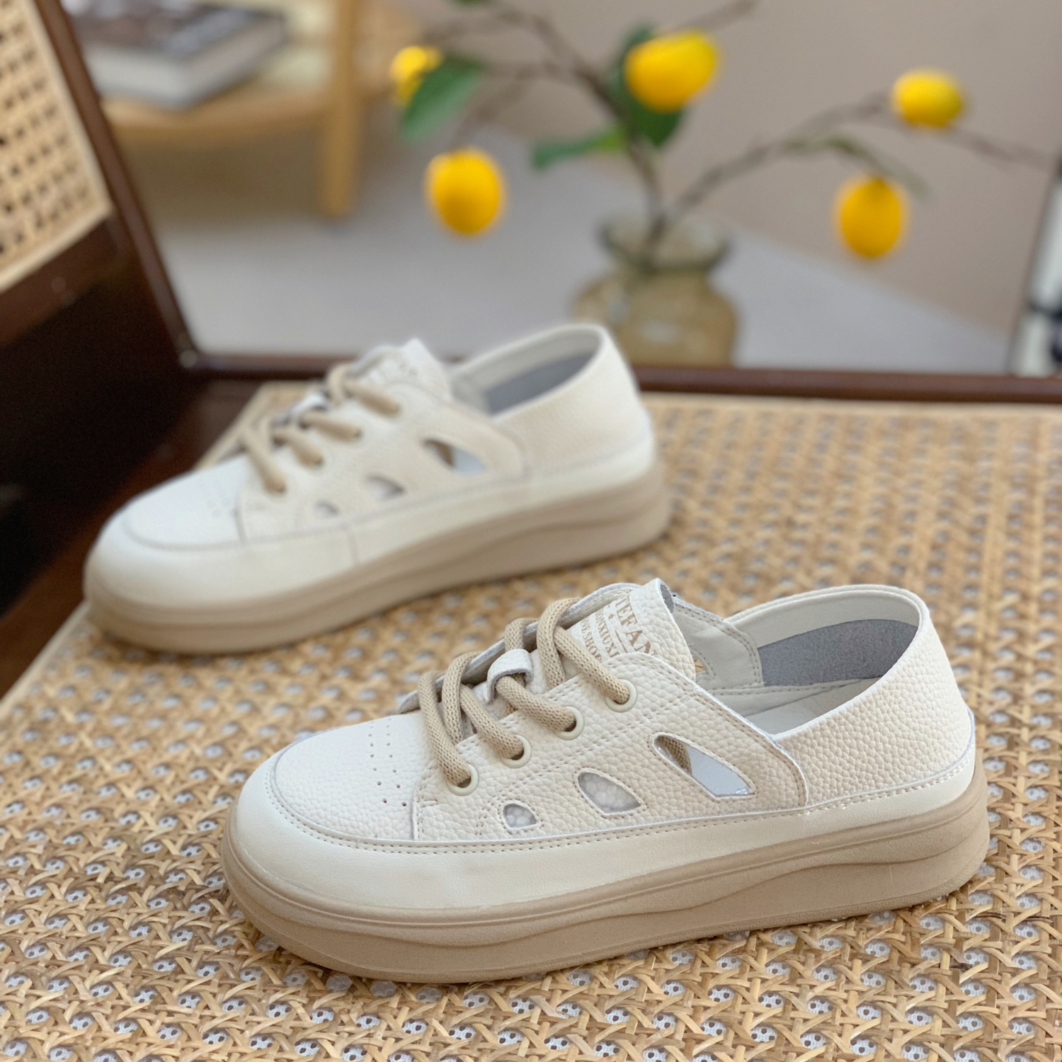 Womenâ€™s Genuine Leather White Sneakers - Summer Thin Style, Thick Sole, Hollow Design, Two-Way Wear, Casual Sports Shoes 2025