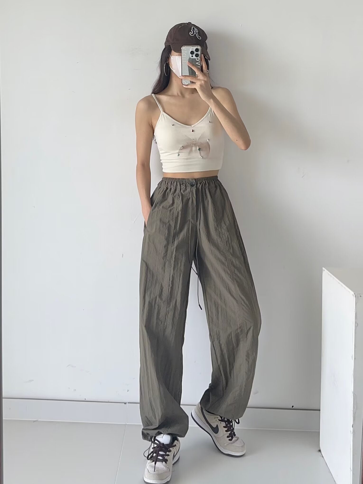 Women's Gray Casual Pants with Loose Low-Waist, Drawstring, Elastic Waist, Pleats, and Quick-Dry Fabric - Functional Workwear Style Women's Gray Casual Pants with Loose Low-Waist, Drawstring, Elastic Waist, Pleats, and Quick-Dry Fabric - Functional Workwear Style