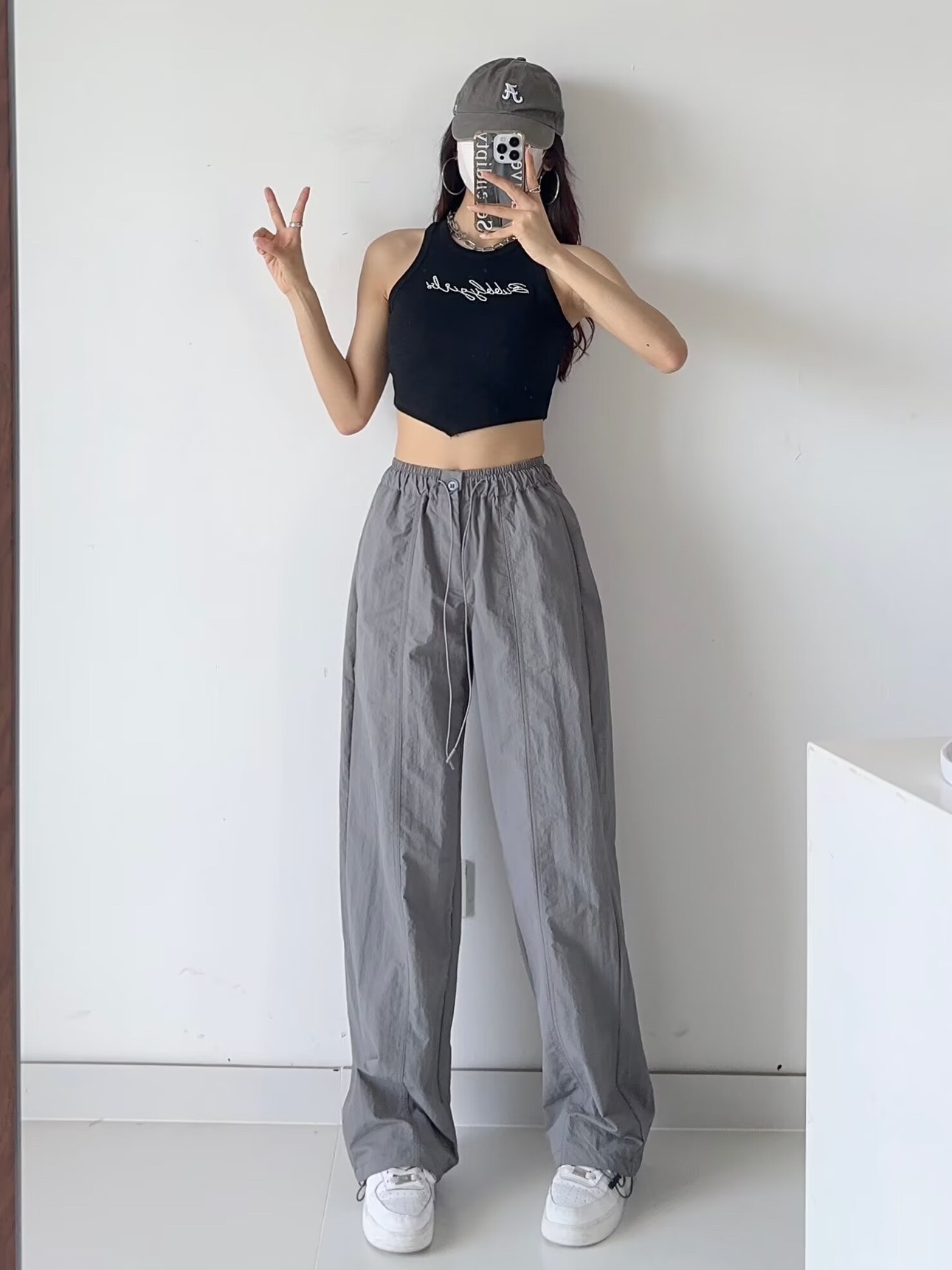 Women's Gray Casual Pants with Loose Low-Waist, Drawstring, Elastic Waist, Pleats, and Quick-Dry Fabric - Functional Workwear Style Women's Gray Casual Pants with Loose Low-Waist, Drawstring, Elastic Waist, Pleats, and Quick-Dry Fabric - Functional Workwear Style