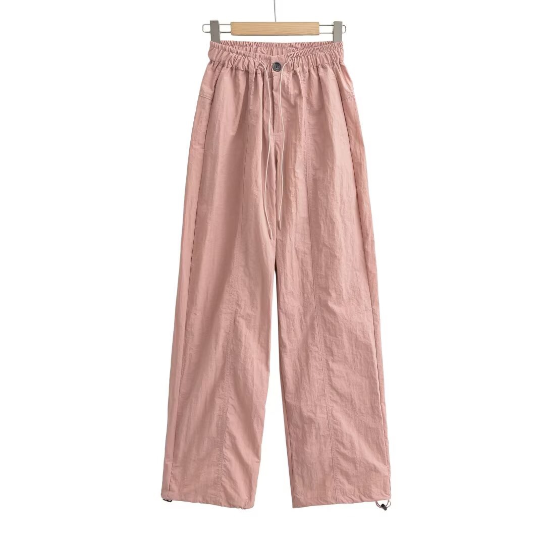 Women's Gray Casual Pants with Loose Low-Waist, Drawstring, Elastic Waist, Pleats, and Quick-Dry Fabric - Functional Workwear Style Women's Gray Casual Pants with Loose Low-Waist, Drawstring, Elastic Waist, Pleats, and Quick-Dry Fabric - Functional Workwear Style