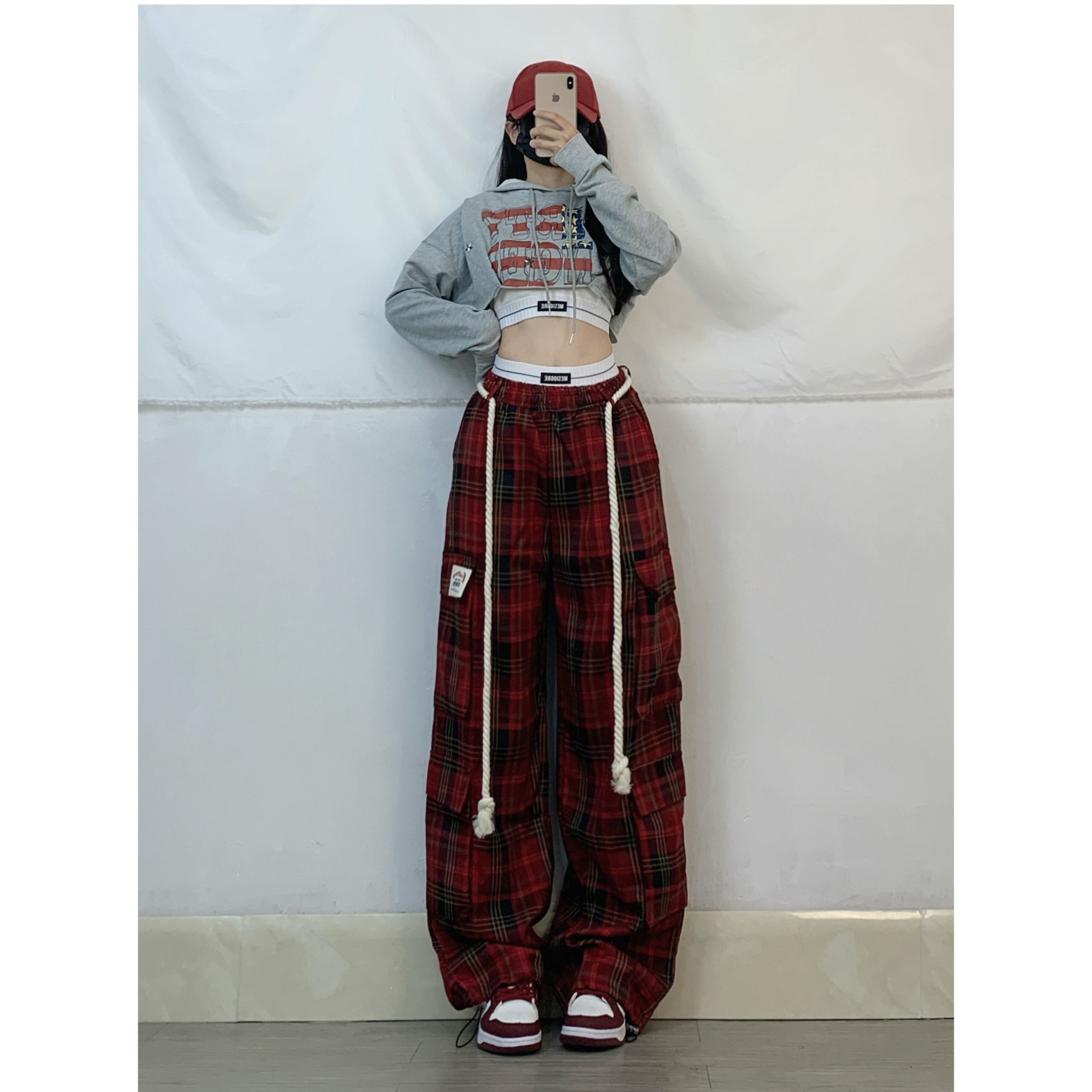 Women's Gray Hooded Jazz Dance Set - Letter Print Sweatshirt with Plaid Belt & Loose Straight Leg Sports Pants, Casual Street Style
