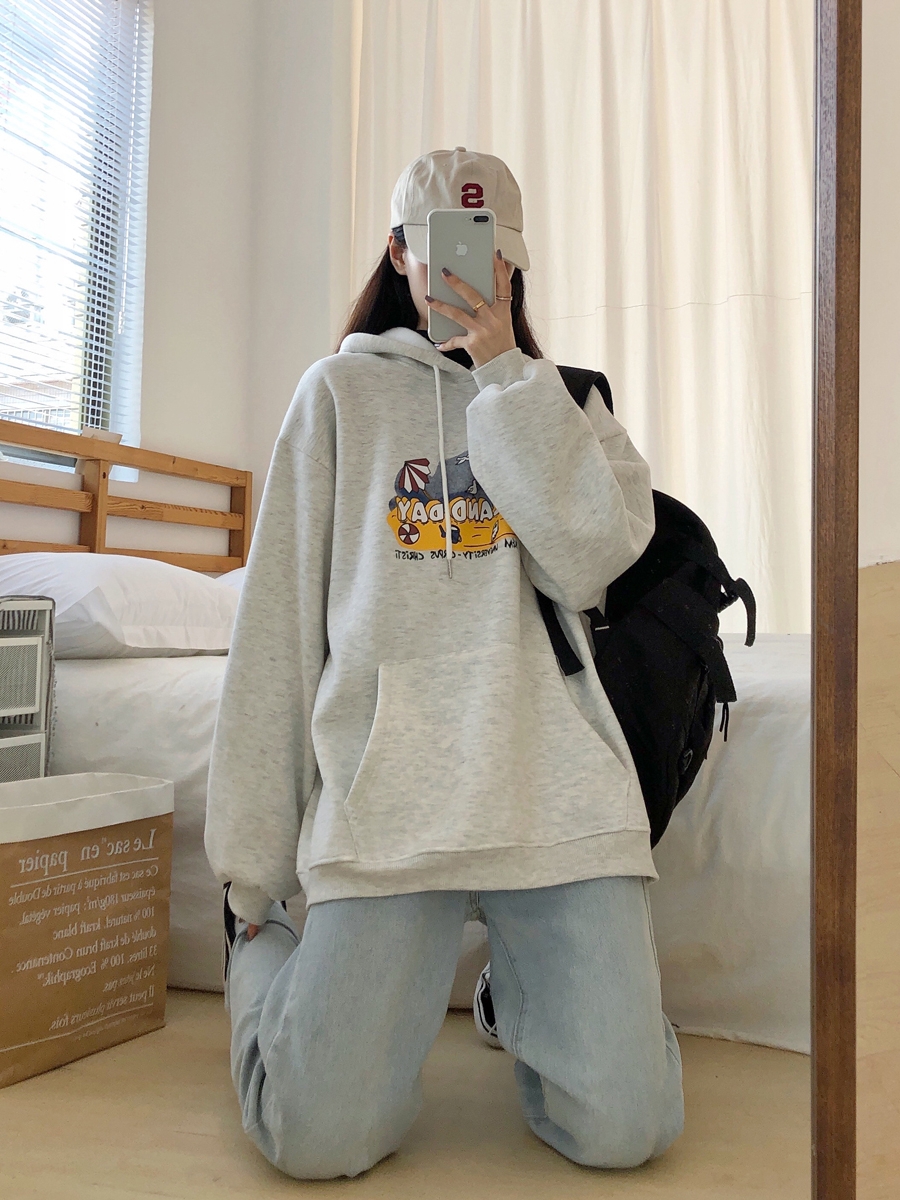Women's Gray Hoodie, Thin Korean Style Spring Autumn Jacket, Loose BF Trendy Fashion Top for Casual Wear Women's Gray Hoodie, Thin Korean Style Spring Autumn Jacket, Loose BF Trendy Fashion Top for Casual Wear