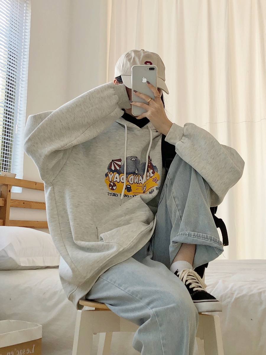 Women's Gray Hoodie, Thin Korean Style Spring Autumn Jacket, Loose BF Trendy Fashion Top for Casual Wear Women's Gray Hoodie, Thin Korean Style Spring Autumn Jacket, Loose BF Trendy Fashion Top for Casual Wear