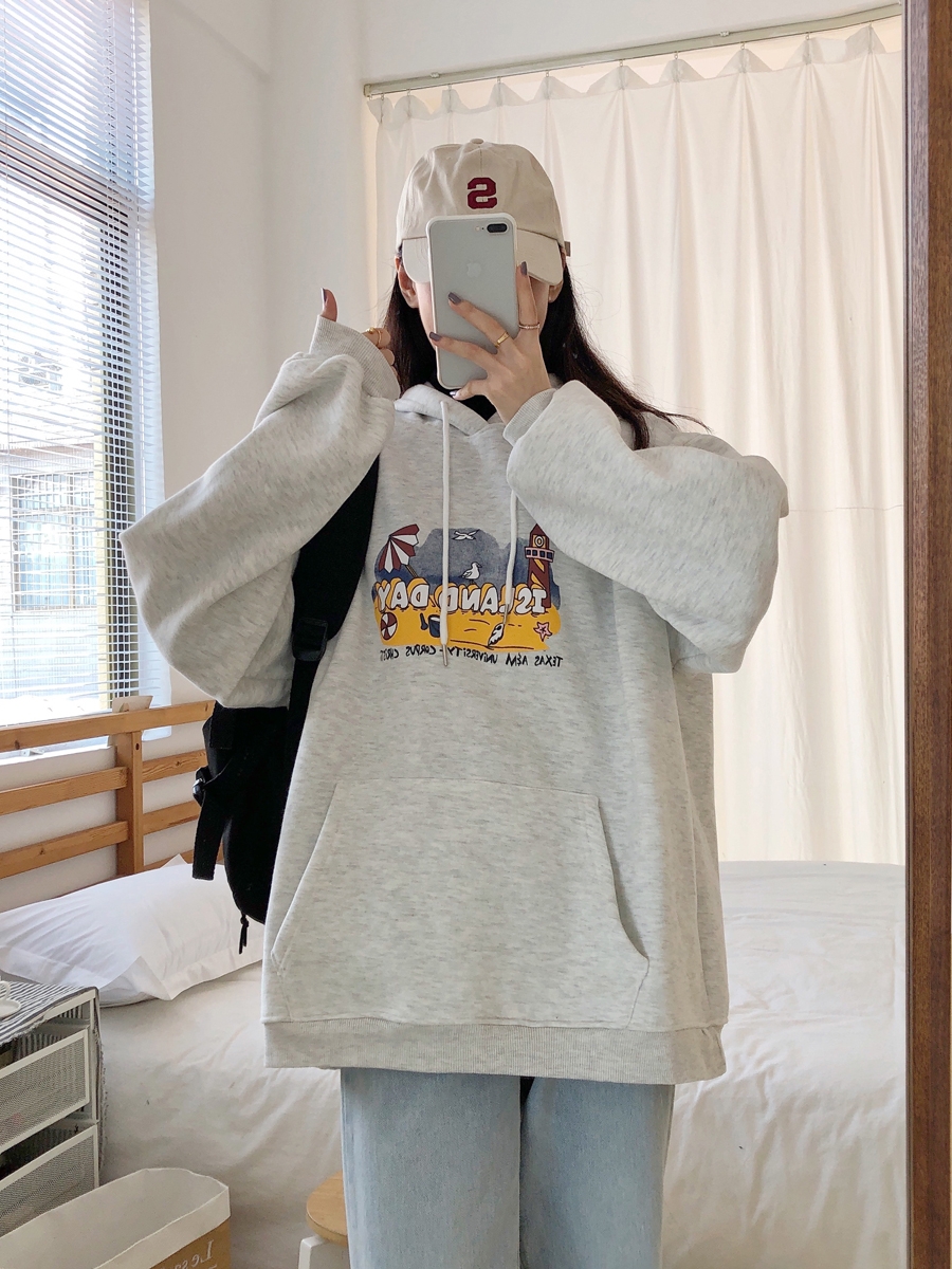 Women's Gray Hoodie, Thin Korean Style Spring Autumn Jacket, Loose BF Trendy Fashion Top for Casual Wear