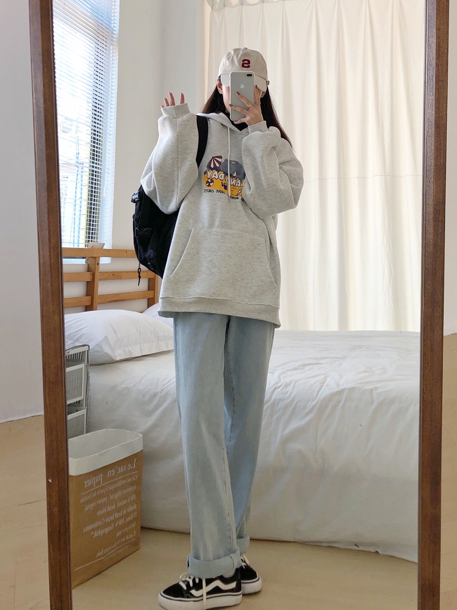 Women's Gray Hoodie, Thin Korean Style Spring Autumn Jacket, Loose BF Trendy Fashion Top for Casual Wear Women's Gray Hoodie, Thin Korean Style Spring Autumn Jacket, Loose BF Trendy Fashion Top for Casual Wear