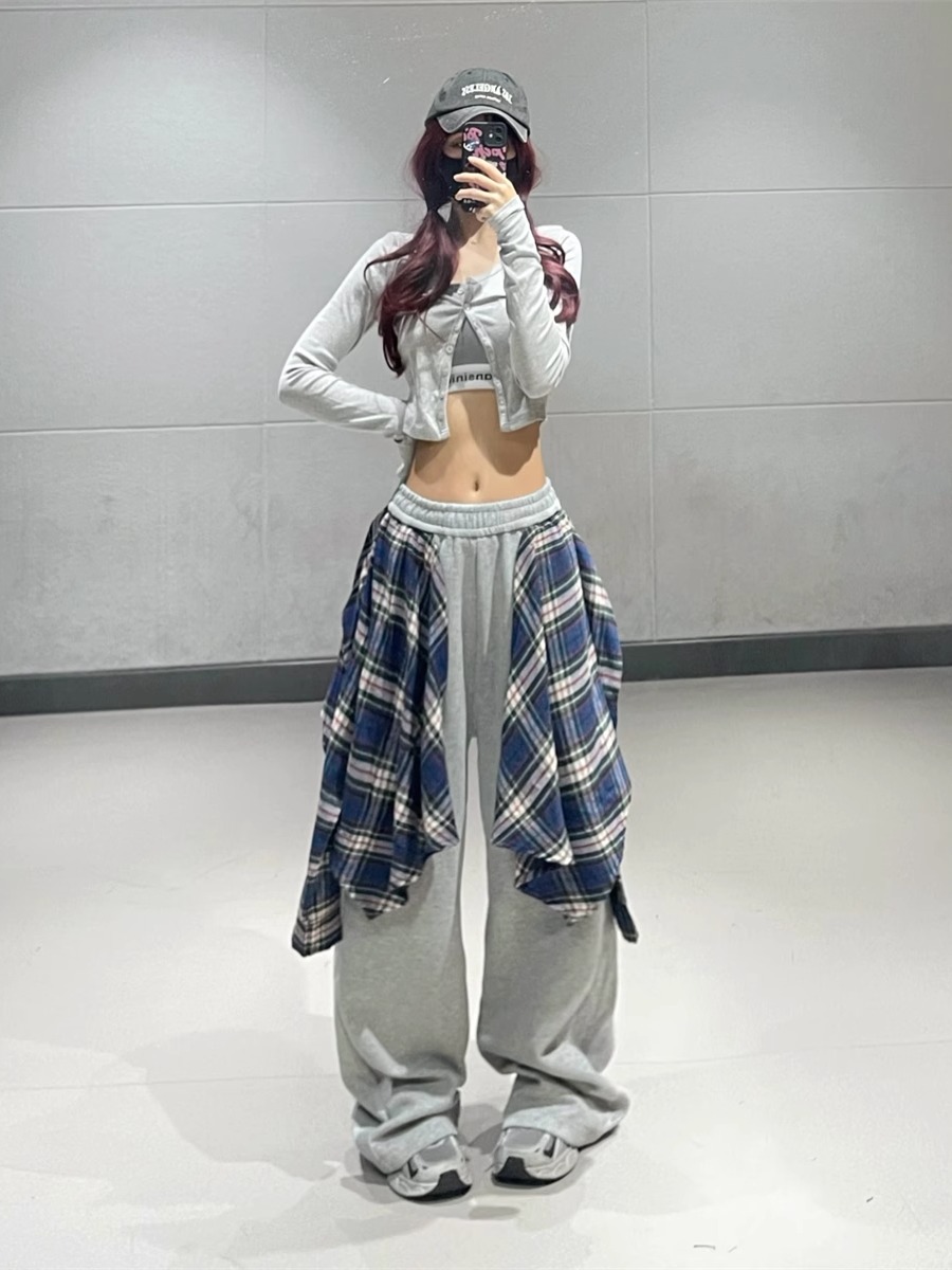 Women's Gray Plaid Splicing Shirt and Straight-Leg Sweatpants Set for Autumn Winter Jazz Dance - Stylish Two-Piece Activewear