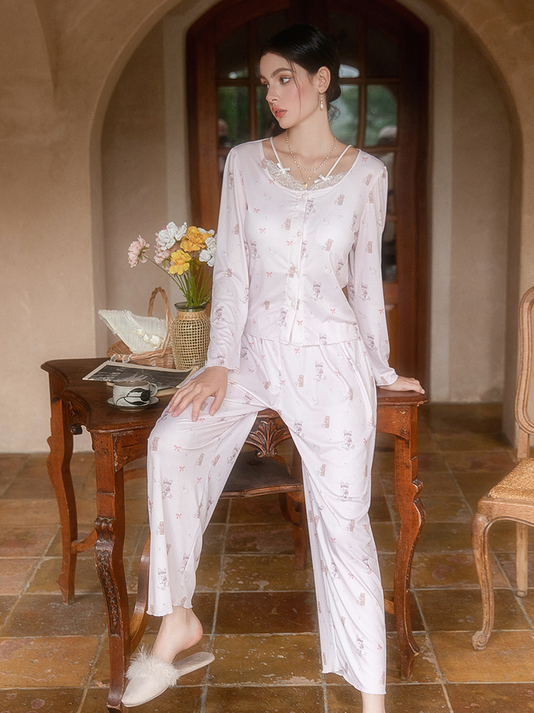 Women's High-End Long Sleeve Pajamas with Chest Pads - 2025 Pure Desire Loungewear for Autumn & Winter, Cozy and Chic Women's High-End Long Sleeve Pajamas with Chest Pads - 2025 Pure Desire Loungewear for Autumn & Winter, Cozy and Chic