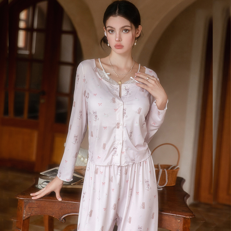 Women's High-End Long Sleeve Pajamas with Chest Pads - 2025 Pure Desire Loungewear for Autumn & Winter, Cozy and Chic