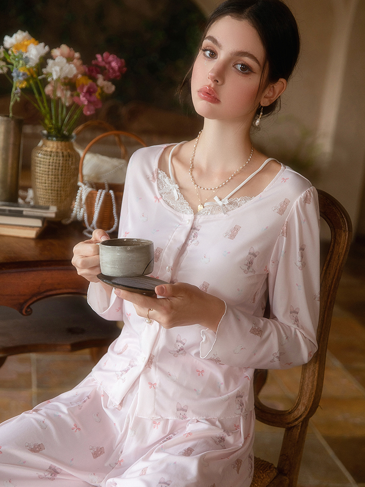 Women's High-End Long Sleeve Pajamas with Chest Pads - 2025 Pure Desire Loungewear for Autumn & Winter, Cozy and Chic