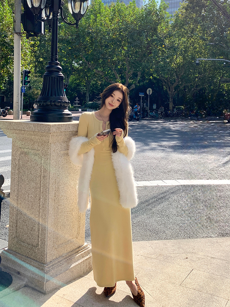 Women's High-End Long Sleeve Waist-Defining Slimming Dress - Autumn Winter Fashion, Elegant Long Skirt