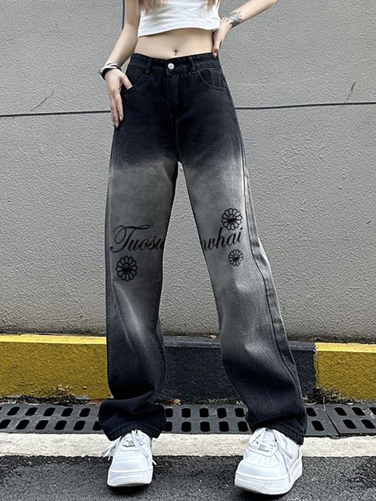 Women's High Waist Printed Wide-Leg Jeans - Trendy Slim Fit Loose Straight Leg Pants for High Street Style Women's High Waist Printed Wide-Leg Jeans - Trendy Slim Fit Loose Straight Leg Pants for High Street Style