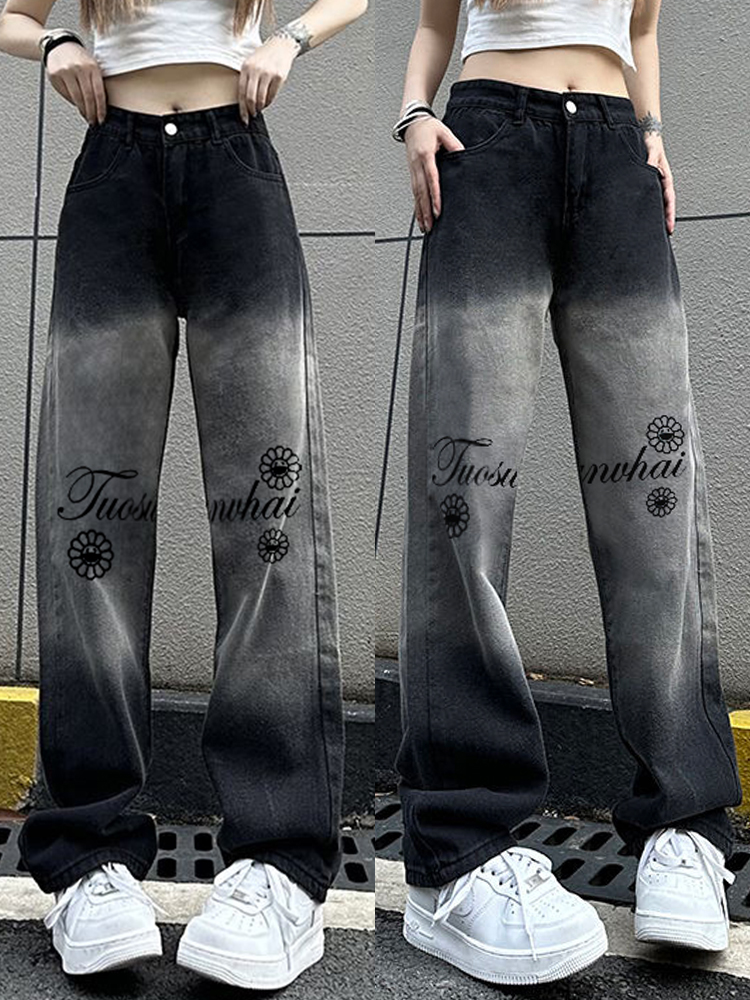 Women's High Waist Printed Wide-Leg Jeans - Trendy Slim Fit Loose Straight Leg Pants for High Street Style