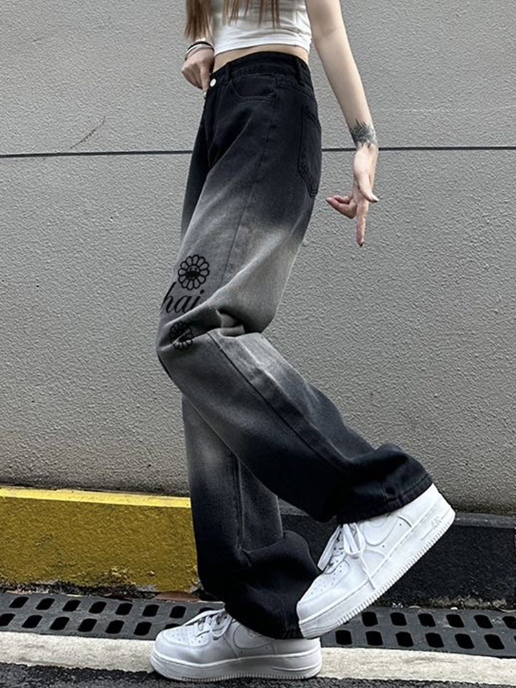 Women's High Waist Printed Wide-Leg Jeans - Trendy Slim Fit Loose Straight Leg Pants for High Street Style Women's High Waist Printed Wide-Leg Jeans - Trendy Slim Fit Loose Straight Leg Pants for High Street Style