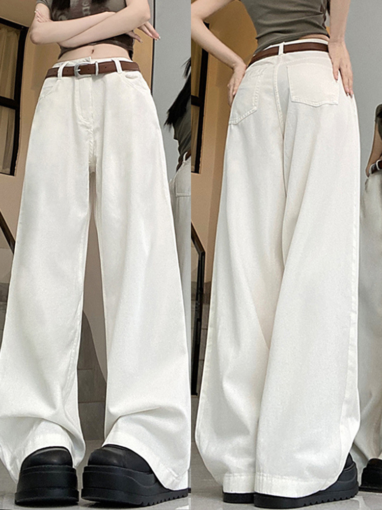 Women's High-Waisted White Wide-Leg Jeans - Casual Loose Fit, Versatile Straight-Leg Design for Effortless American Style