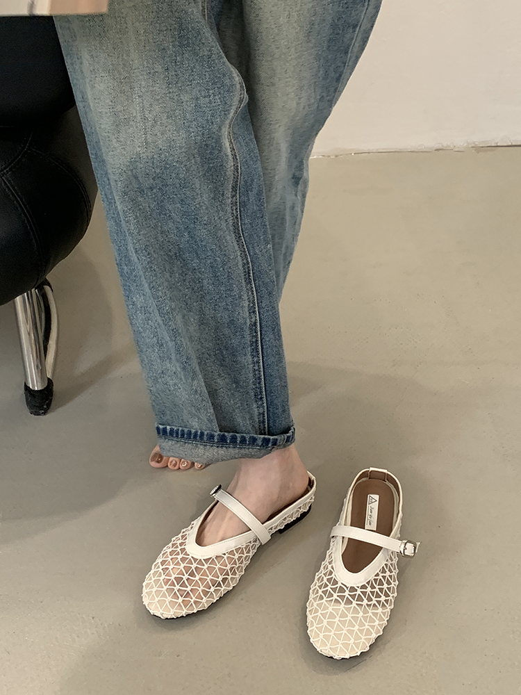 Women's Hollow Mesh Half Slippers - Summer 2025 One-Strap Round Toe Flat Breathable Fishing Net Sandals