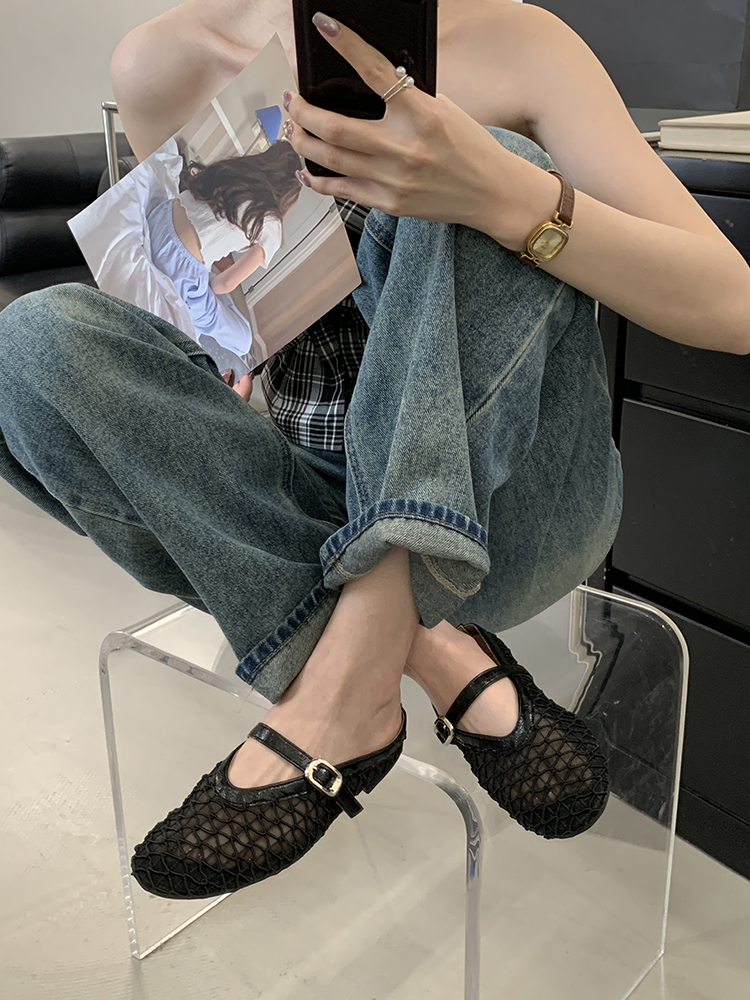 Women's Hollow Mesh Half Slippers - Summer 2025 One-Strap Round Toe Flat Breathable Fishing Net Sandals