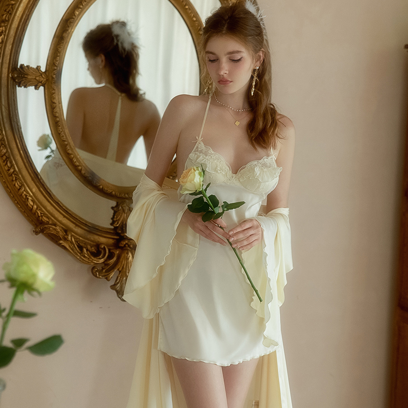 Women's Ice Silk Pajamas Set - Cool Feel Cami Nightgown & Robe with Chest Pad - Spring/Summer 2025 Pure Desire Style Women's Ice Silk Pajamas Set - Cool Feel Cami Nightgown & Robe with Chest Pad - Spring/Summer 2025 Pure Desire Style