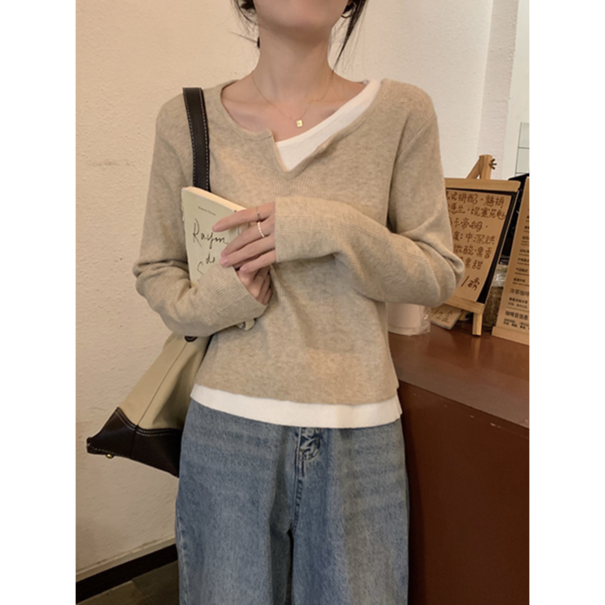 Women's K-Pop Inspired Fake Two-Piece Top, Y2K Style Knitted Layer for Jazz Dance Music Festival Women's K-Pop Inspired Fake Two-Piece Top, Y2K Style Knitted Layer for Jazz Dance Music Festival