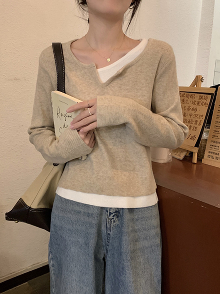 Women's K-Pop Inspired Fake Two-Piece Top, Y2K Style Knitted Layer for Jazz Dance Music Festival Women's K-Pop Inspired Fake Two-Piece Top, Y2K Style Knitted Layer for Jazz Dance Music Festival